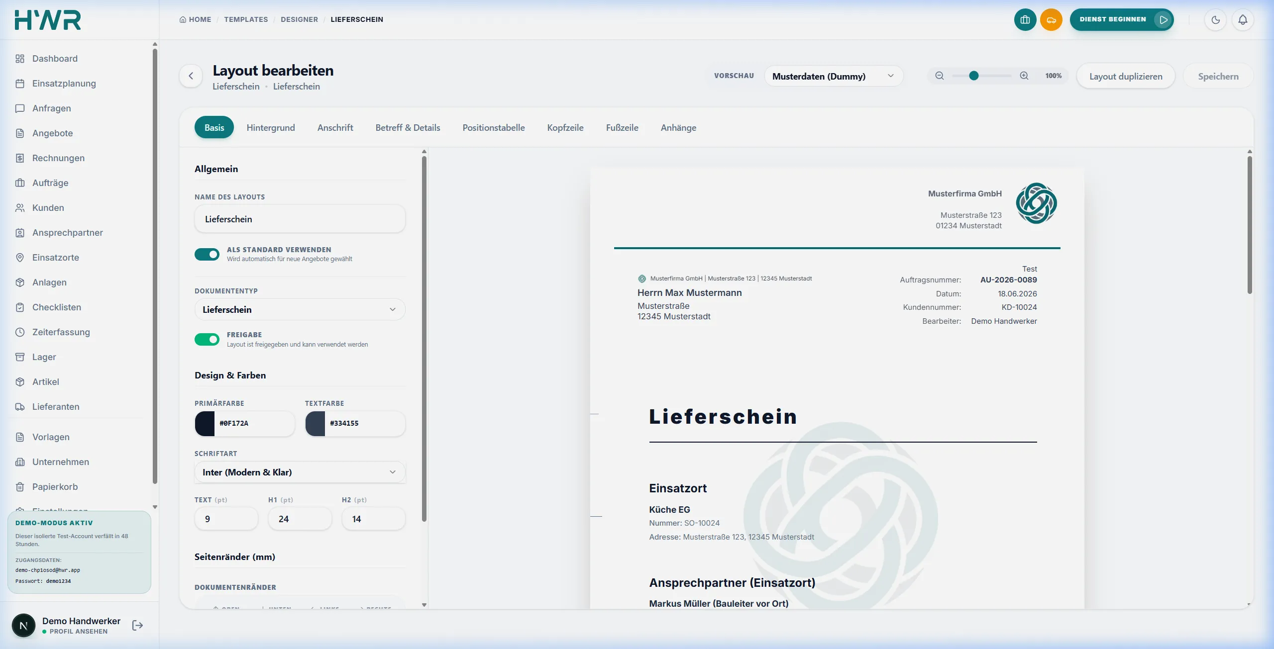 Live-Vorschau des Layout-Designers