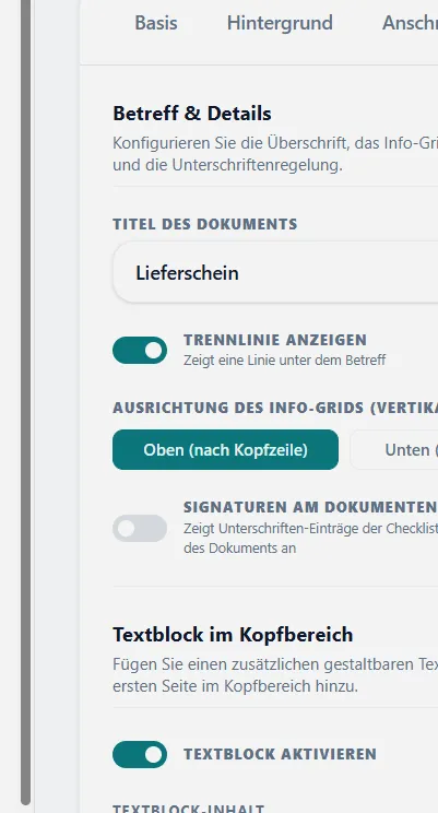 Betreff & Details Einstellungen