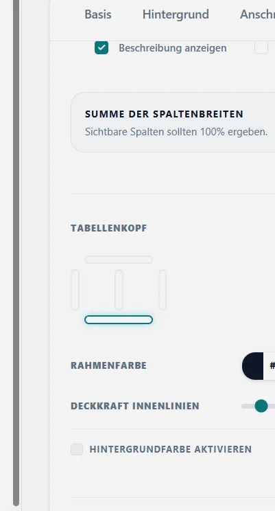 Tabelle und Spalten-Optionen